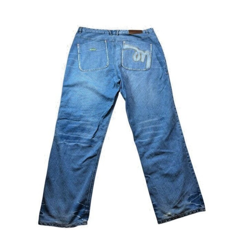 Meezan Jeans Mens Size 42x32 Y2K Blue Baggy Hip Hop Skater Embroidered Wide Leg